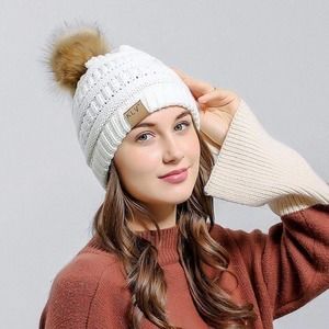 KLV  White Knit Ski Winter Casual Beanie with Faux P…